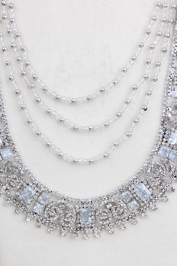 Fashionable Long Necklace In Silver Polish And Silver Stone (LN001-S-FA)