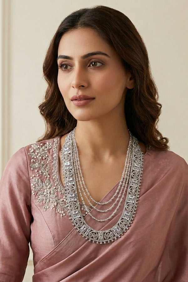 Fashionable Long Necklace In Silver Polish And Silver Stone