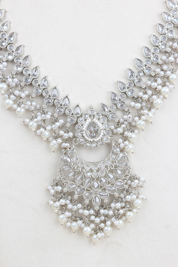 White Long Necklace Set In Silver Polish With White Pearls with Large Matching Earrings And Tikka (LN001-S-Polki)