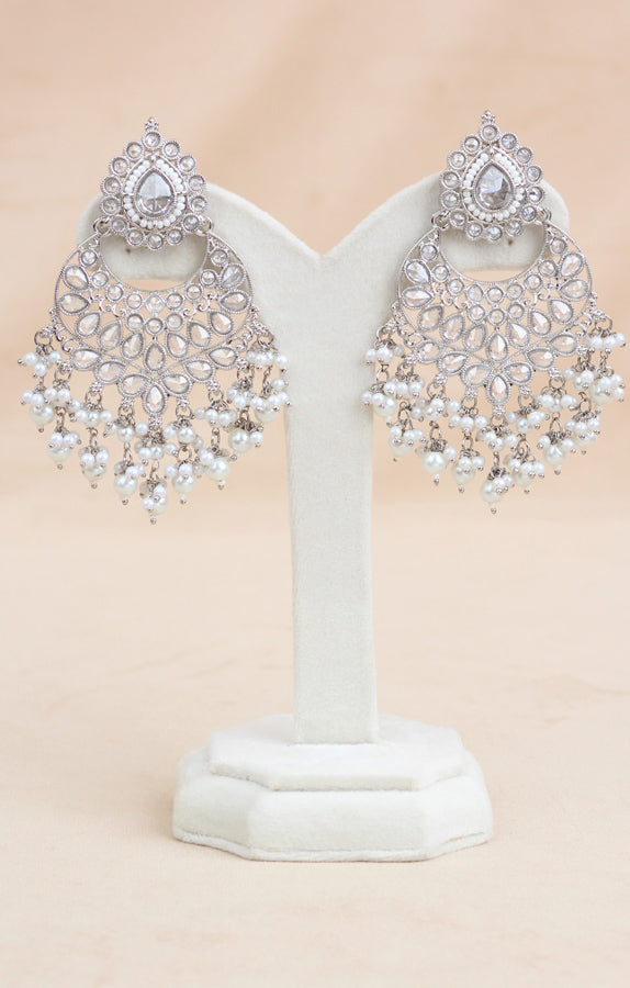 White Long Necklace Set In Silver Polish With White Pearls with Large Matching Earrings And Tikka (LN001-S-Polki)