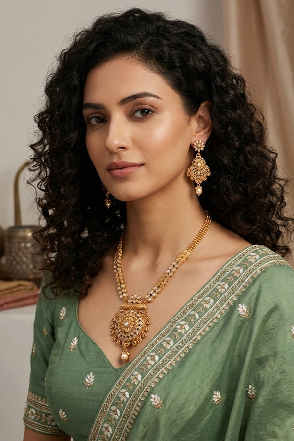 Gold Long Necklace In Gold Polish With Center Pendant with Matching Earrings
