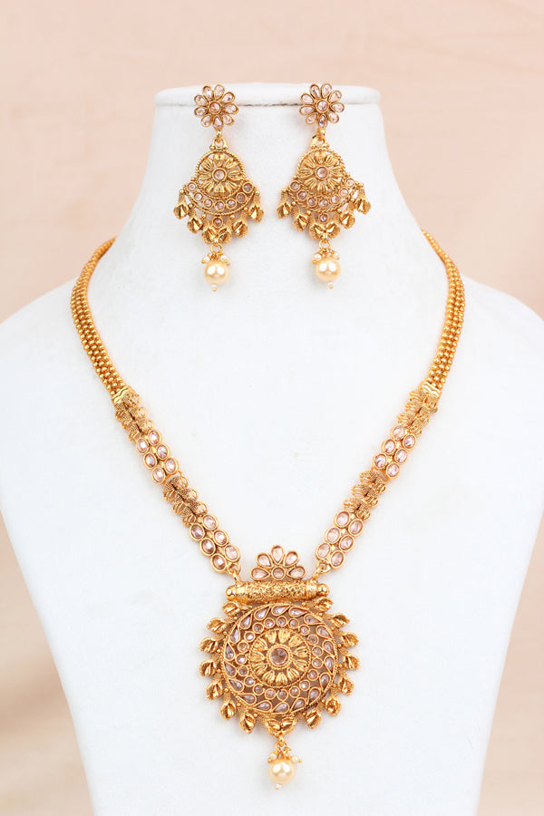 Gold Long Necklace In Gold Polish With Center Pendant with Matching Earrings (LN002-Polki-B1)