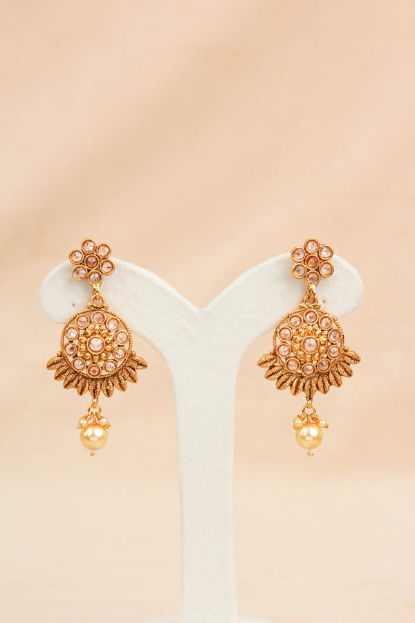Gold Long Necklace Set In Gold Polish With Polki Stones And Pendant Attached with Matching Earrings (LN004-Polki-B1)