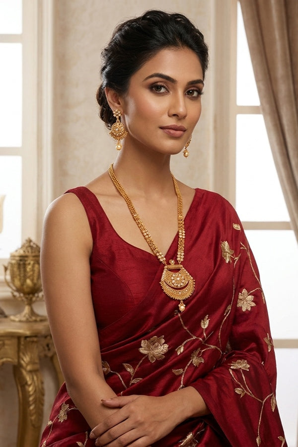 Gold Long Necklace Set In Gold Polish With Polki Stones And Pendant ing Earrings
