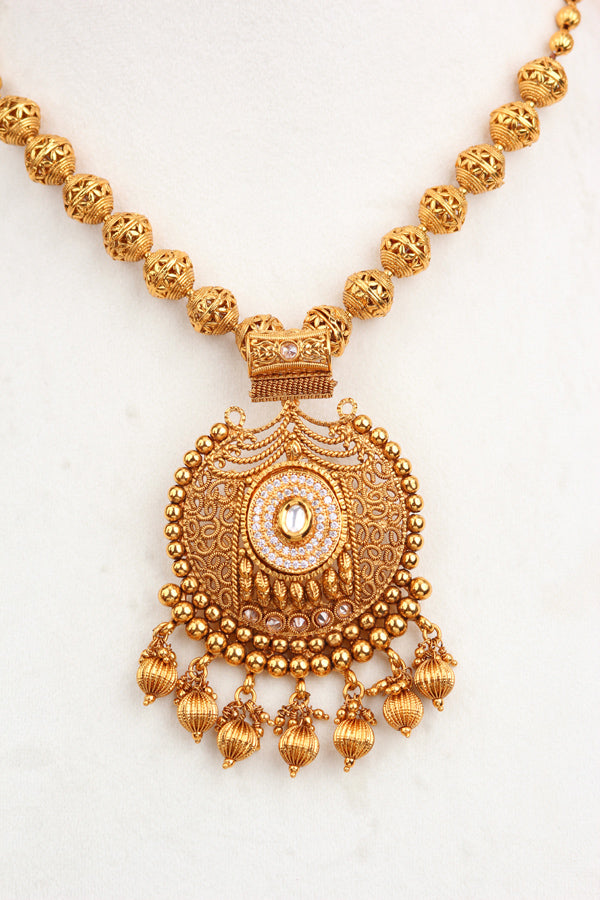 Gold Necklace Set In Gold Polish With Polki Stones And A Large Pendant Attached with Matching Jhumka Earrings (LN005-Polki-B1)