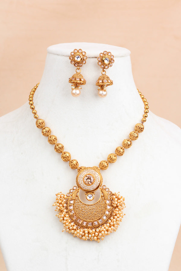Gold Long Necklace Set In Gold Polish And Polki With A Large Pendant Attached And Small Beads with Small Jhumka Earrings (LN006-Polki-B1)