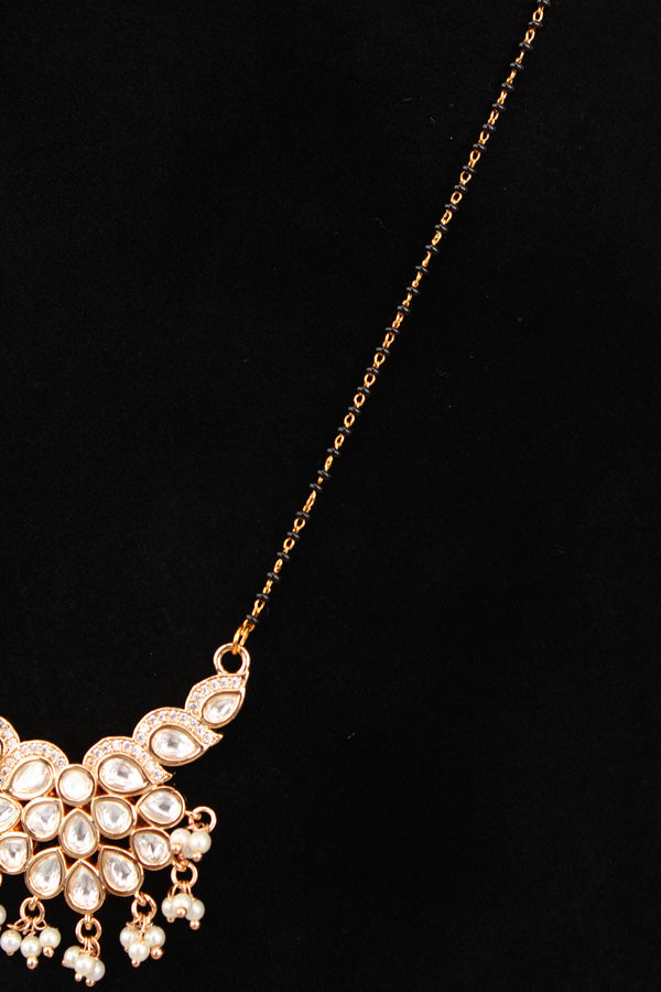 Simple Chain Mangalsutra With Kundan Pendant And Beads Attached And Matching Earrings (MS003)