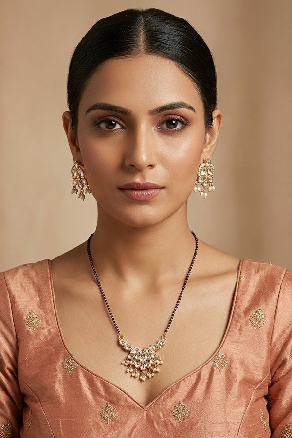 Simple Chain Mangalsutra With Kundan Pendant And Beads Attached And Matching Earrings