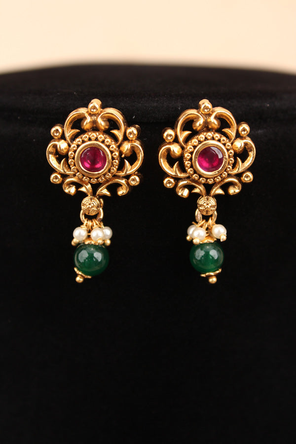 Mangalsutra With Double Chain With Kundan And Green Beads Attached And Matching Small Earrings (MS004-G)