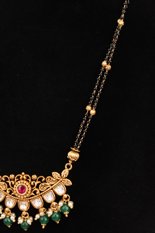 Mangalsutra With Double Chain With Kundan And Green Beads Attached And Matching Small Earrings (MS004-G)
