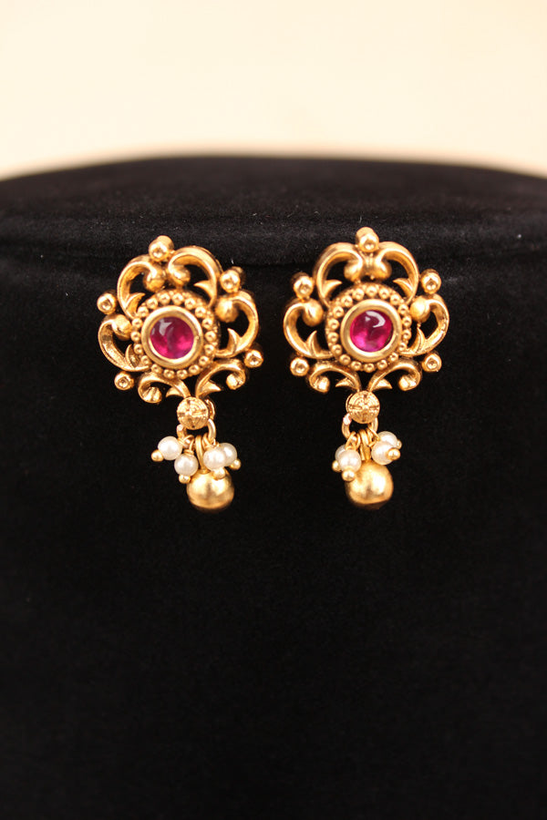 Mangalsutra With Double Chain With Kundan And Golden Beads Attached With Ruby Colour Stones And Matching Small Earrings (MS004-RU)