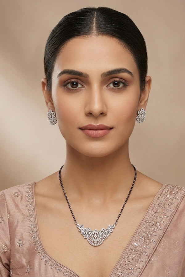 American Diamond Mangalsutra In Silver Polish With Small Matching Earrings