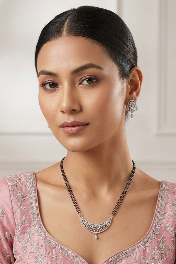 Silver Polish Mangalsutra With Short Double Chain And American Diamonds And Small Studs