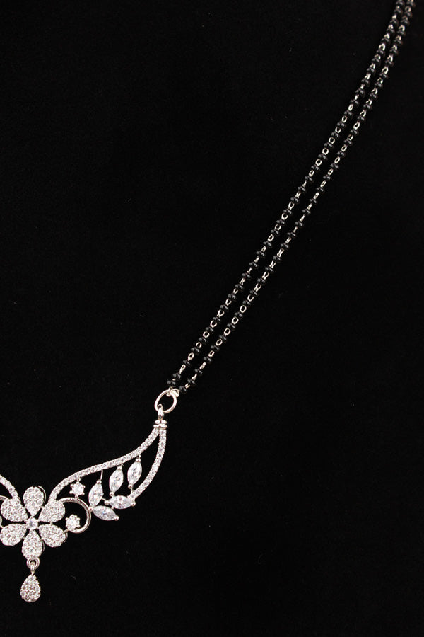 Mangalsutra In Silver Polish With American Diamonds And Small Earrings (MS019-S)