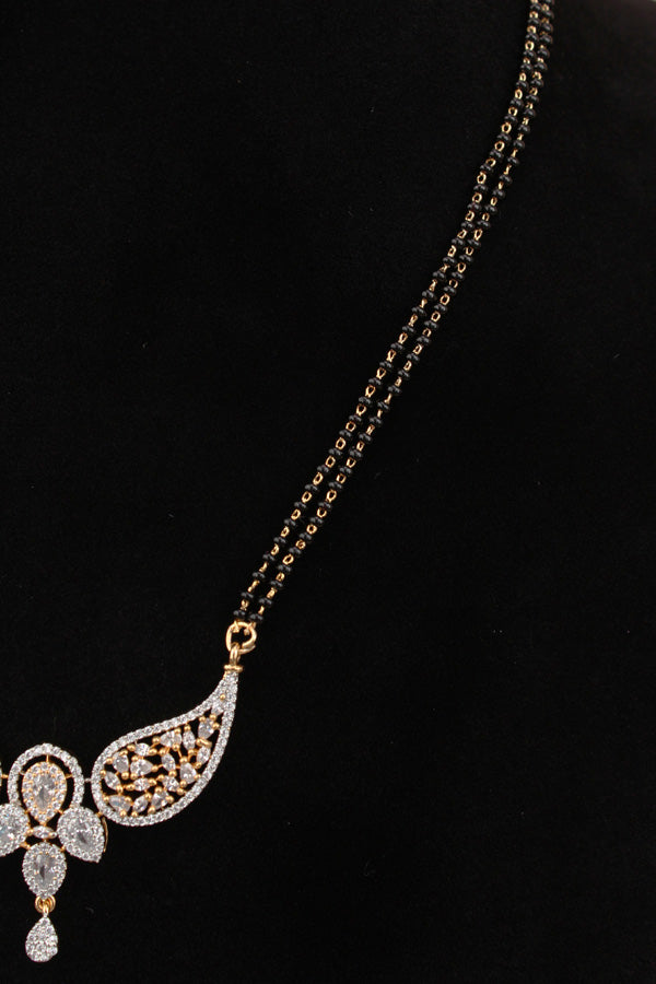 Gold Polish Mangalsutra With American Diamonds And Center Pendant With Small Earrings (MS020-G)