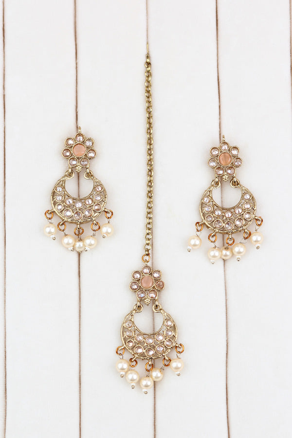 Peach Single Layer Polki Necklace With Peach Colour With Small Earrings And Small Tikka (NS001-PE-Polki-Box1)