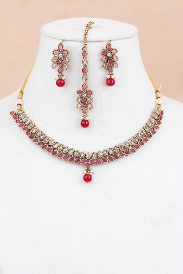 Onion Red Single Layer Polki Necklace With Onion Red Colour Center Stone (NS003-OR-Polki-Box1)