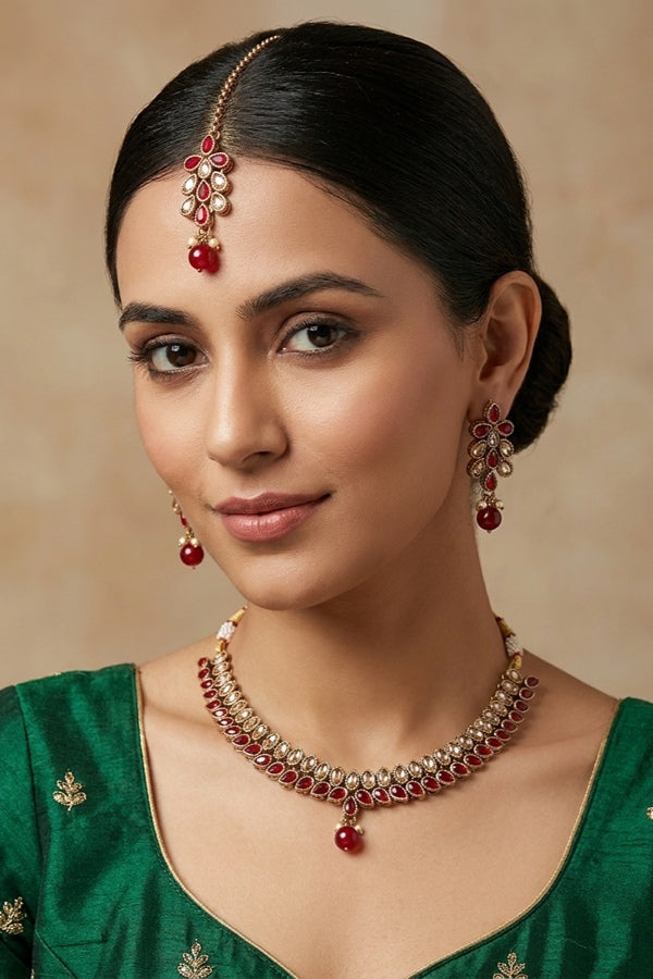 Red Single Layer Polki Necklace With Red Colour Center Stone