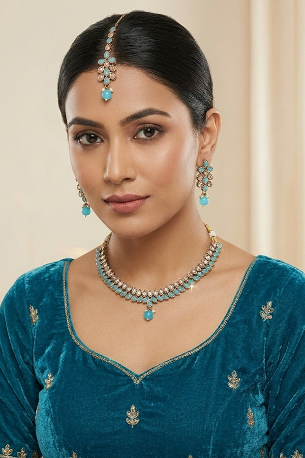 Sky Blue Single Layer Polki Necklace With Sky Blue Colour Center Stone