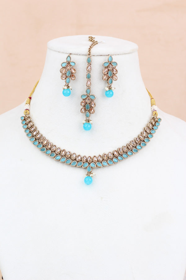 Sky Blue Single Layer Polki Necklace With Sky Blue Colour Center Stone (NS003-SB-Polki-Box1)
