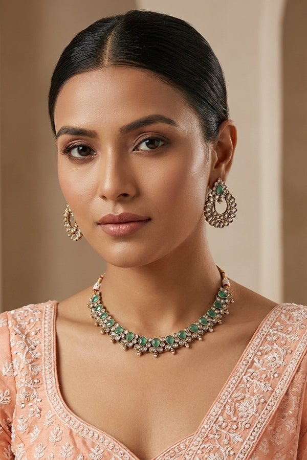 Turquoise Green Small Single Line Polki Necklace With Small Earrings And Matching Tikka