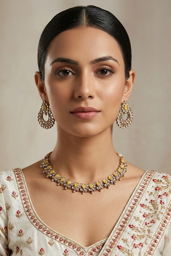 Yellow Small Single Line Polki Necklace With Small Earrings And Matching Tikka