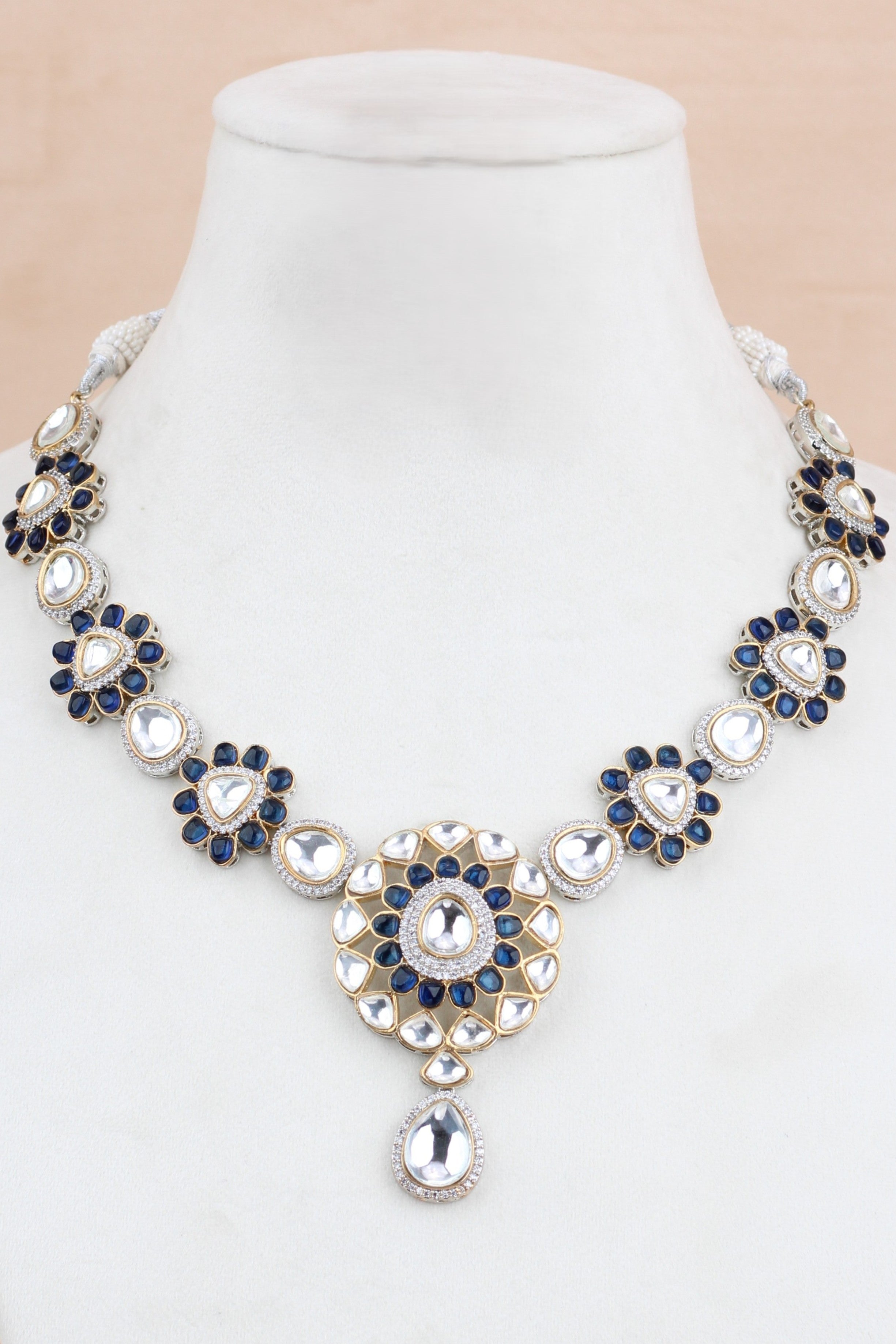 Blue Kundan Necklace With Pendant Also Matching Tikka And Earrings(IGNK009)