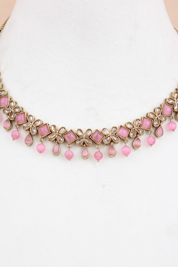 Pink Light Weight Polki Necklace Set In Pink Colour And With Small Pendants Also Matching Earrings And Tikka (NS009-P-Polki-Box1)