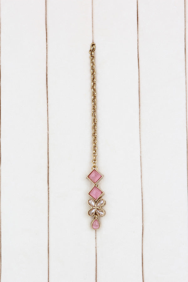 Pink Light Weight Polki Necklace Set In Pink Colour And With Small Pendants Also Matching Earrings And Tikka (NS009-P-Polki-Box1)