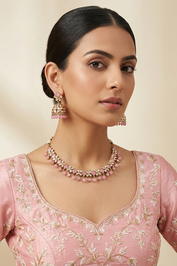 Pink Light Weight Polki Necklace Set In Pink Colour And With Small Pendants Also Matching Earrings And Tikka