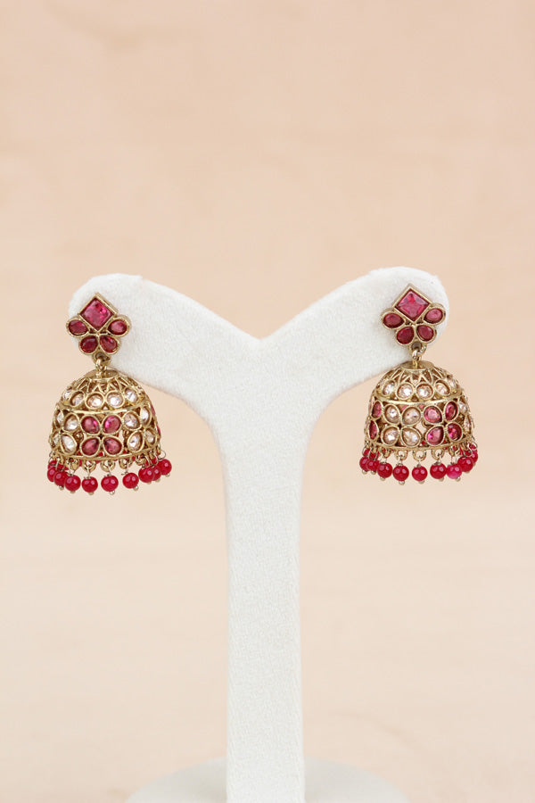 Red Light Weight Polki Necklace Set In Red Colour And With Small Pendants Also Matching Earrings And Tikka (NS009-R-Polki-Box1)