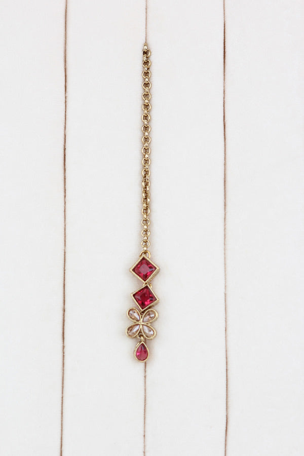 Red Light Weight Polki Necklace Set In Red Colour And With Small Pendants Also Matching Earrings And Tikka (NS009-R-Polki-Box1)