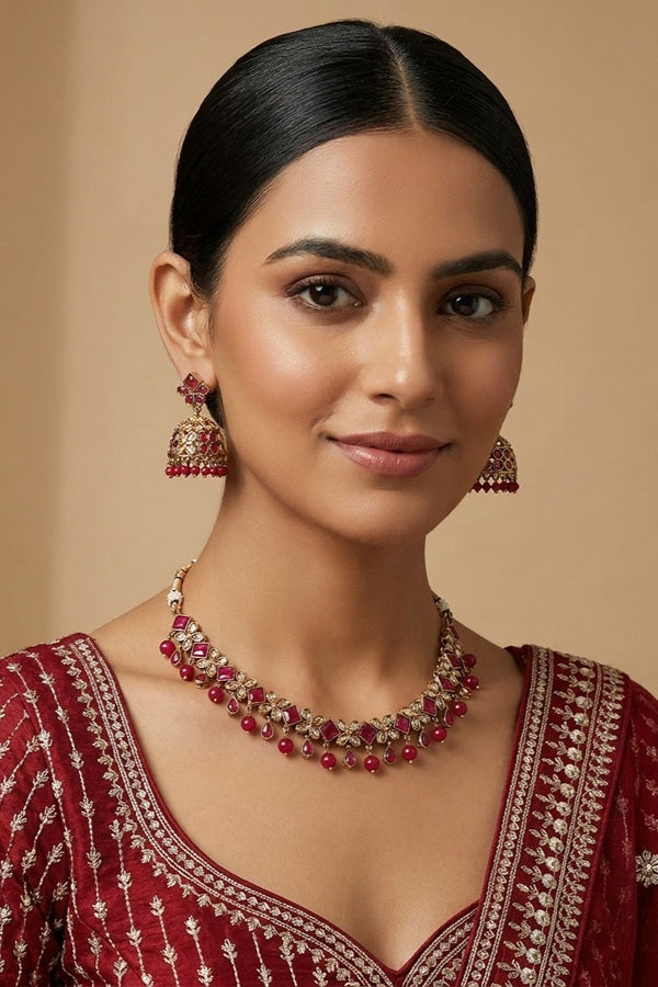 Red Light Weight Polki Necklace Set In Red Colour And With Small Pendants Also Matching Earrings And Tikka