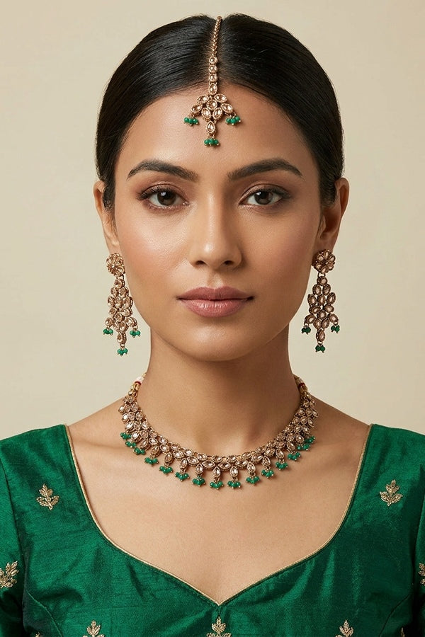 Green Petit Polki Necklace With Matching Earring And Tikka