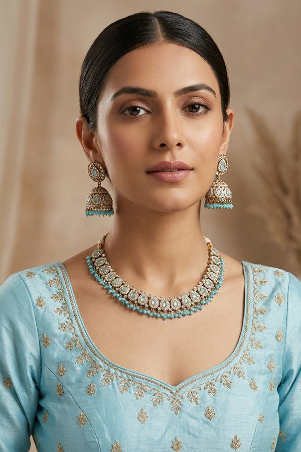 Sky Blue Small And Light Weight Polki Necklace Set In Sky Blue Colour Also With Jhumki Earrings And Tikka