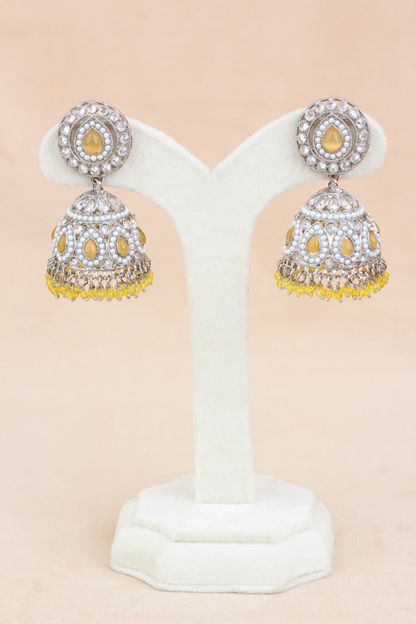 Yellow Small And Light Weight Polki Necklace Set In Yellow Colour Also With Jhumki Earrings And Tikka (NS011-Y-Polki-B1)