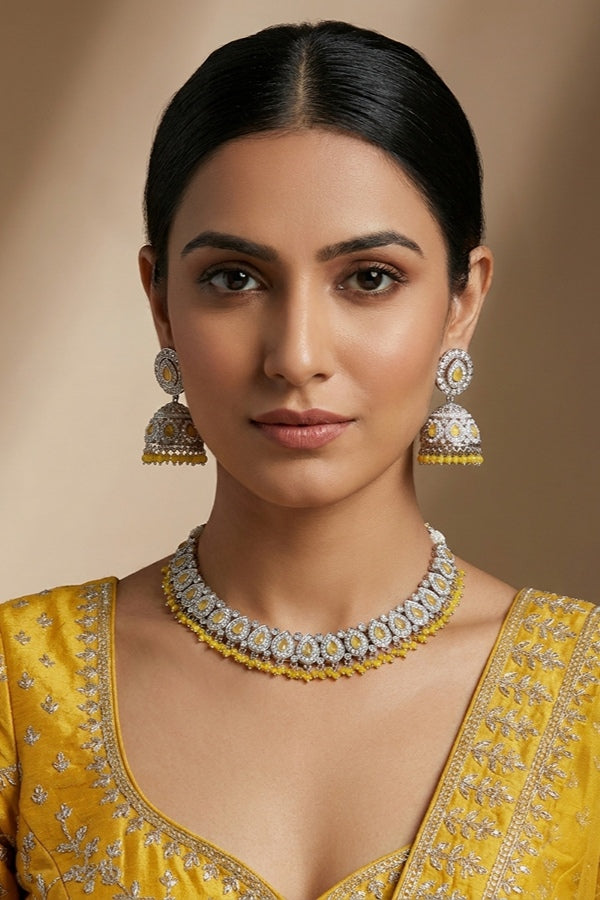 Yellow Small And Light Weight Polki Necklace Set In Yellow Colour Also With Jhumki Earrings And Tikka