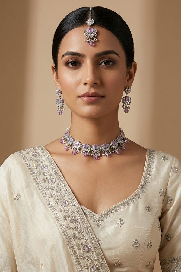 Lavender Small And Light Weight Polki Necklace Set With Pearls Attached with Matching Earrings And Tikka