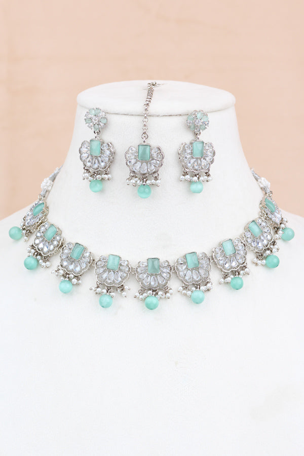 Mint Green Small And Light Weight Polki Necklace Set With Pearls Attached with Matching Earrings And Tikka