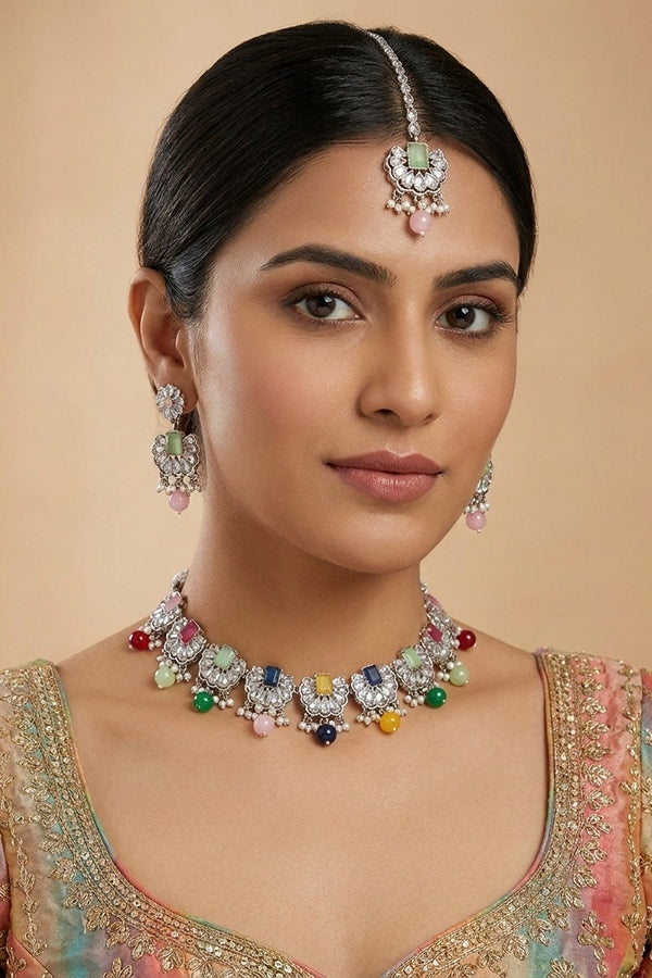 Multi Small And Light Weight Polki Necklace Set With Pearls Attached with Matching Earrings And Tikka