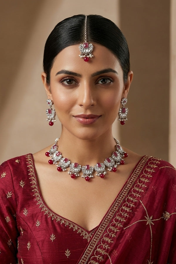 Ruby Red Small And Light Weight Polki Necklace Set With Pearls Attached with Matching Earrings And Tikka