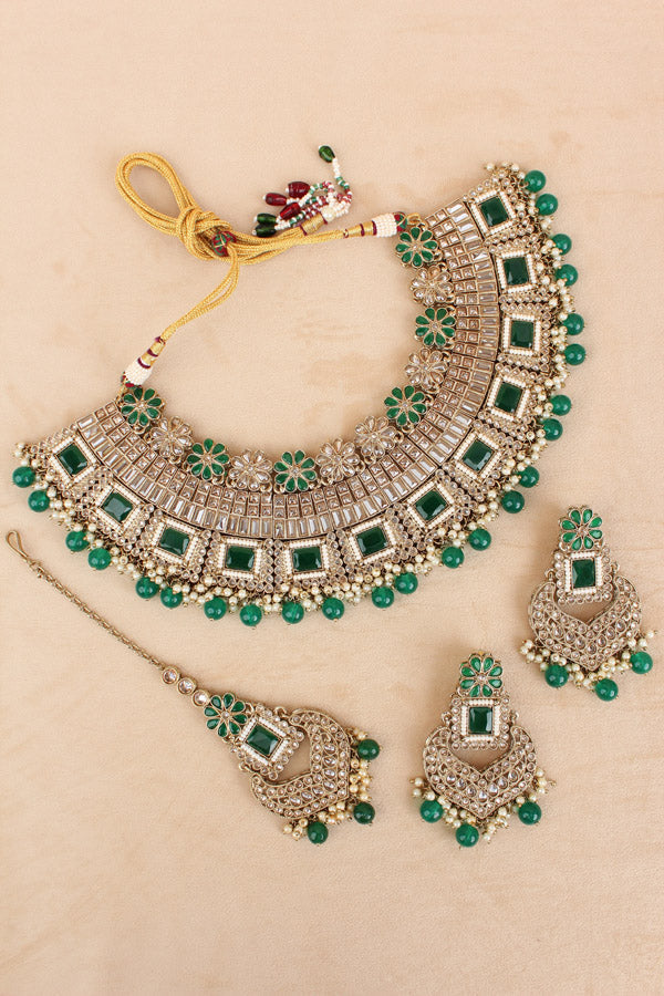 Green Necklace Set In Mehndi Polish With Polki Stones Pearls And Beads With Matching Earrings And Tikka (NS013-G-Polki)