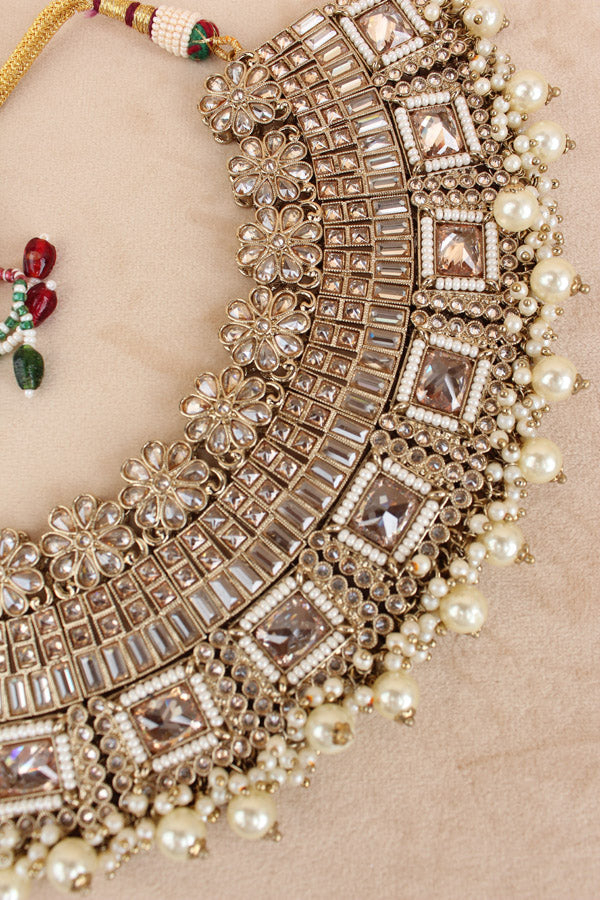 Golden Necklace Set In Mehndi Polish With Polki Stones Pearls And Beads With Matching Earrings And Tikka (NS013-GO-Polki)