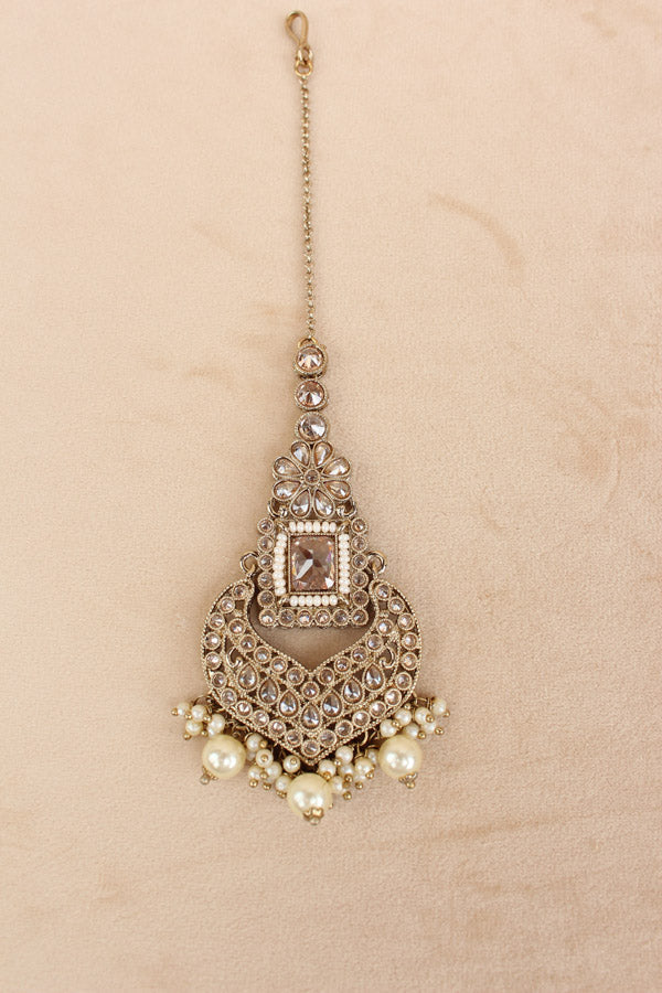 Golden Necklace Set In Mehndi Polish With Polki Stones Pearls And Beads With Matching Earrings And Tikka (NS013-GO-Polki)