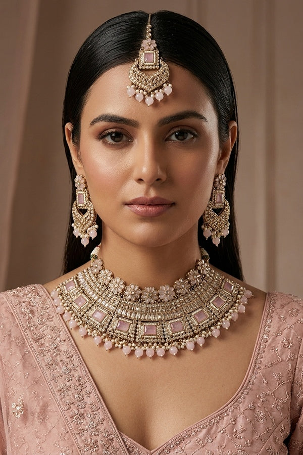 Pink Necklace Set In Mehndi Polish With Polki Stones Pearls And Beads With Matching Earrings And Tikka