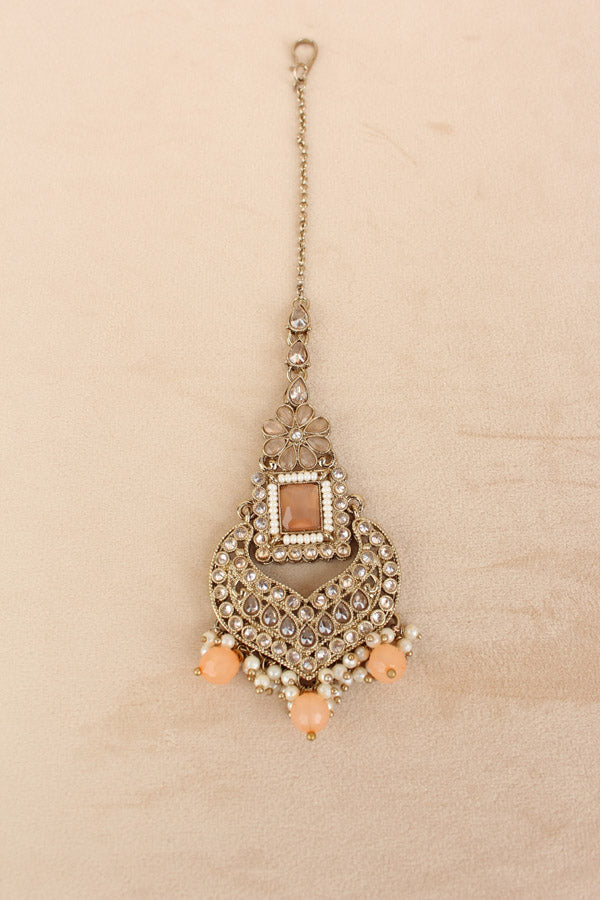 Peach Necklace Set In Mehndi Polish With Polki Stones Pearls And Beads With Matching Earrings And Tikka (NS013-PE-Polki)
