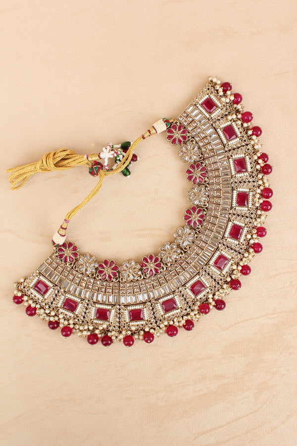 Red Necklace Set In Mehndi Polish With Polki Stones Pearls And Beads With Matching Earrings And Tikka (NS013-R-Polki)