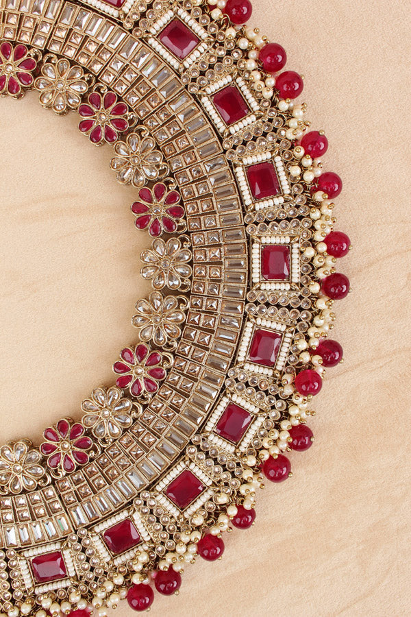 Red Necklace Set In Mehndi Polish With Polki Stones Pearls And Beads With Matching Earrings And Tikka (NS013-R-Polki)