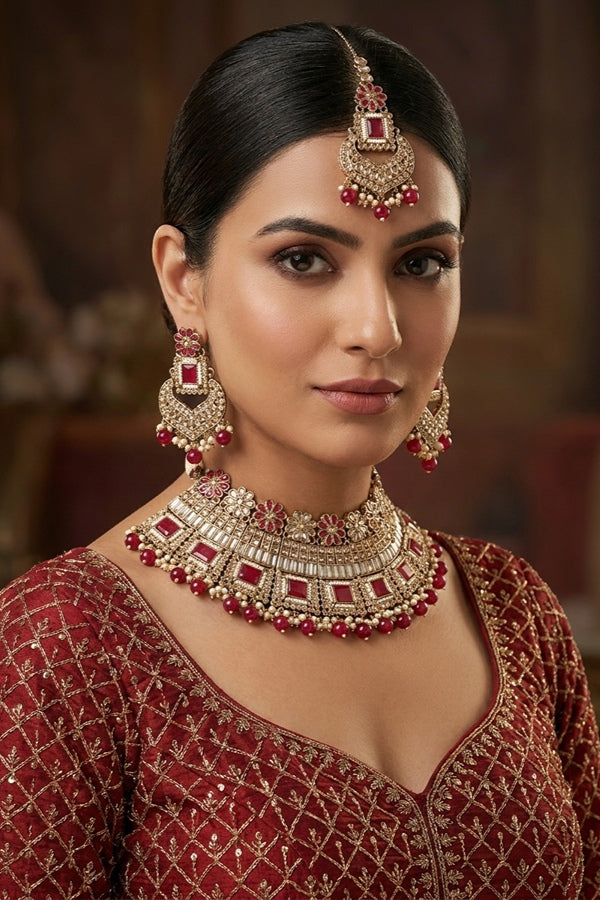 Red Necklace Set In Mehndi Polish With Polki Stones Pearls And Beads With Matching Earrings And Tikka