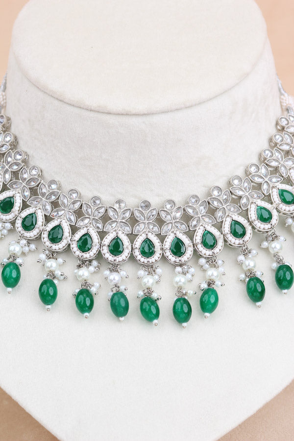 Polki Necklace Set With Green Pearls Attached With Jhumka Earrings And Small Tikka (NS014-G-Polki)